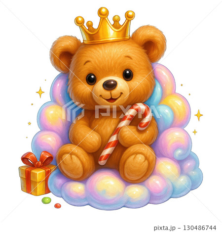 Cute teddy bear with crown holding candy cane on colorful cloud 130486744
