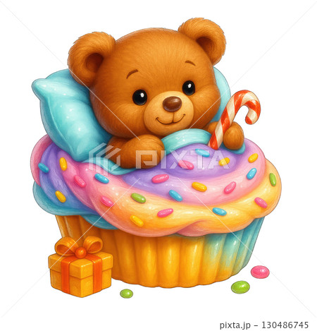 Cute teddy bear in colorful cupcake bed with candy cane and gift 130486745