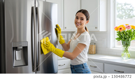 Woman in yellow gloves cleaning stainless steel refrigerator with cloth, bright kitchen setting featuring natural light and greenery, showcasing household cleaning routine 130486772