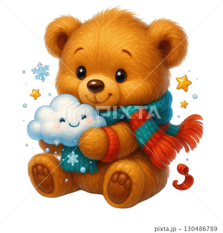 Cute teddy bear with scarf hugging smiling cloud and stars 130486789