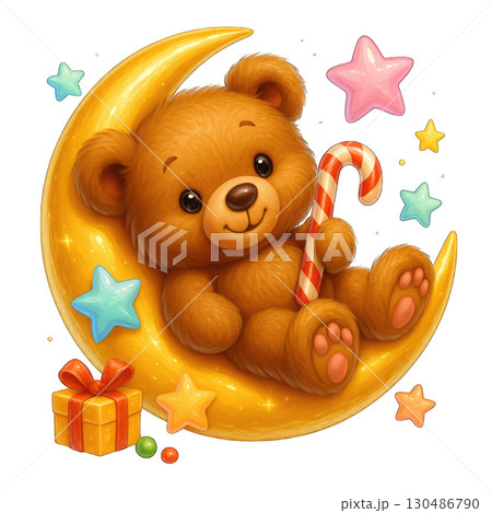 Cute teddy bear holding candy cane on crescent moon with stars 130486790