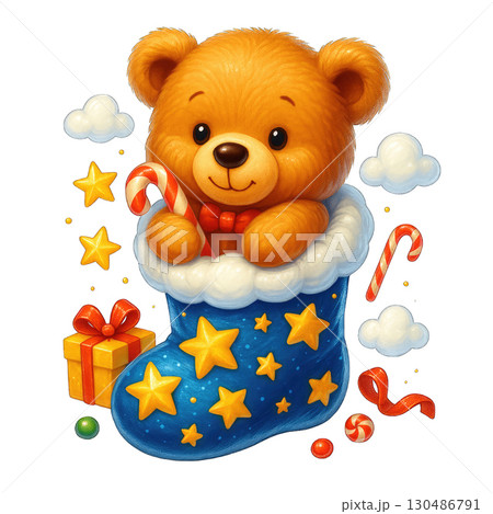 Cute teddy bear with candy cane in blue Christmas stocking 130486791