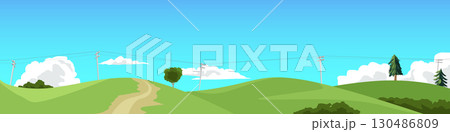 Hills are covered with green grass. Trees growing on the hilltops. Electric poles stand tall across the mountaintops. Distribute electricity throughout the area. Dirt road leading up the hills. 130486809