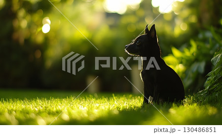 silhouetted dog in lush green garden 130486851