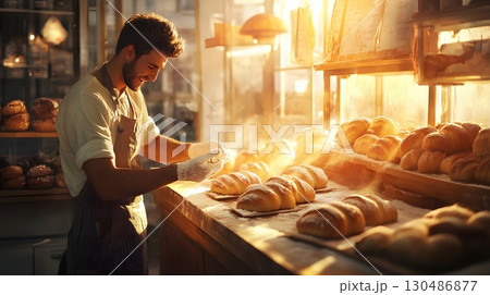 baker arranging freshly baked bread in bakery 130486877