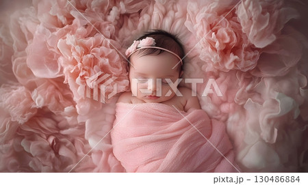 sleeping baby girl in pink floral wrap sleeping baby girl in pink floral wrap 130486884