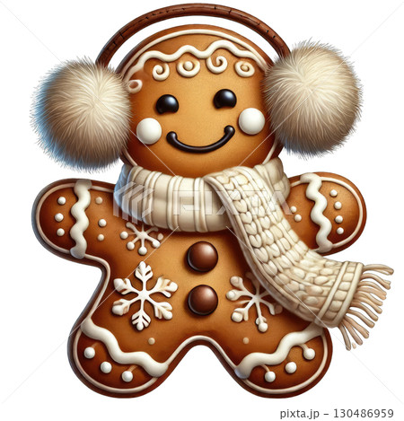 Cute gingerbread cookie with earmuffs and scarf, festive holiday spirit, isolated. 130486959