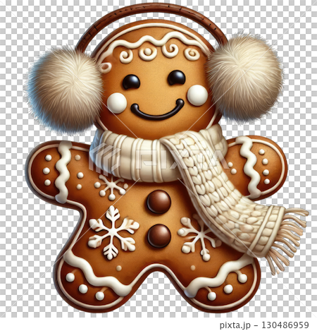 Cute gingerbread cookie with earmuffs and scarf, festive holiday spirit, isolated. 130486959