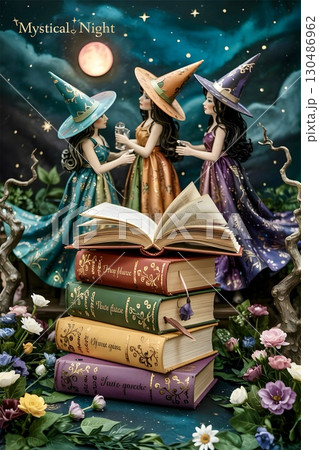 Three women in colorful, flowing gowns and pointed hats are positioned in a mystical, enchanted setting.  130486962