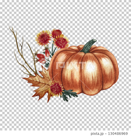 A autumn composition with pumpkin and plant elements. Hand-drawn watercolor illustration. For greeting and invitation cards for autumn holidays, Harvest Day, Thanksgiving, Halloween, and others. A autumn composition with pumpkin and plant elements. Hand-drawn watercolor illustration. For greeting and invitation cards for autumn holidays, Harvest Day, Thanksgiving, Halloween, and others. 130486969