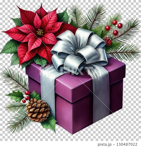 A beautifully wrapped purple gift box adorned with festive foliage, pine cones, and vibrant poinsettias, perfect for holiday celebrations. 130487022