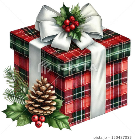 A beautifully wrapped Christmas gift adorned with a festive ribbon, pine cone, and holly decorations, perfect for the holiday season. 130487055