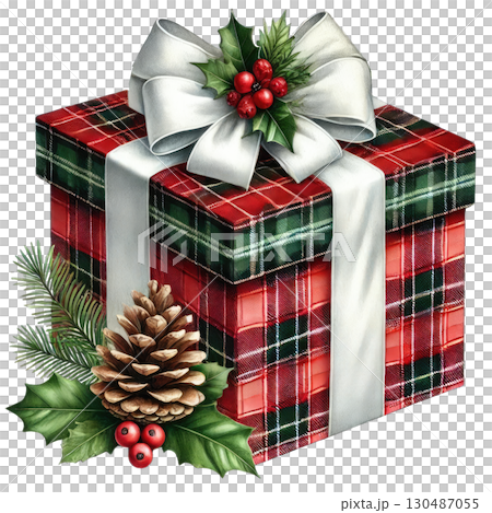 A beautifully wrapped Christmas gift adorned with a festive ribbon, pine cone, and holly decorations, perfect for the holiday season. 130487055