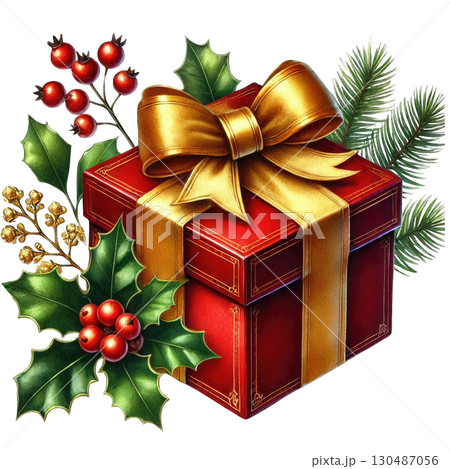 A beautifully wrapped Christmas gift adorned with a golden bow and festive greenery, perfect for holiday celebrations. 130487056