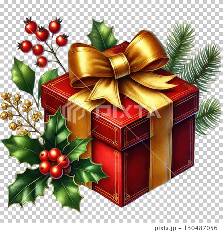 A beautifully wrapped Christmas gift adorned with a golden bow and festive greenery, perfect for holiday celebrations. 130487056