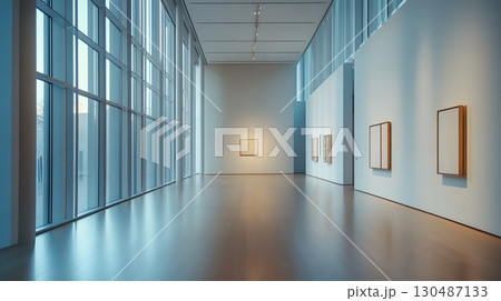 modern art gallery interior with minimalist paintings and large 130487133