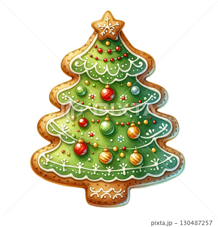 Gingerbread cookie shaped like a Christmas tree with colorful decorations. 130487257