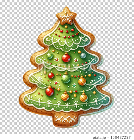 Gingerbread cookie shaped like a Christmas tree with colorful decorations. 130487257