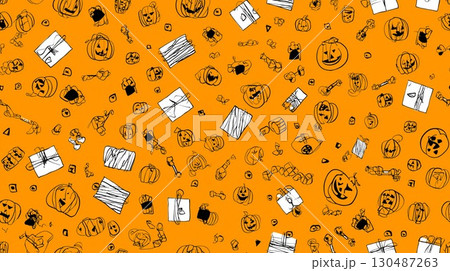 ハロウィンパンプキンとプレゼントボックスの楽しいオレンジ色シームレスパターン ハロウィンパンプキンとプレゼントボックスの楽しいオレンジ色シームレスパターン 130487263