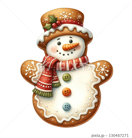 Gingerbread snowman cookie with festive decorations, white isolated background. 130487271