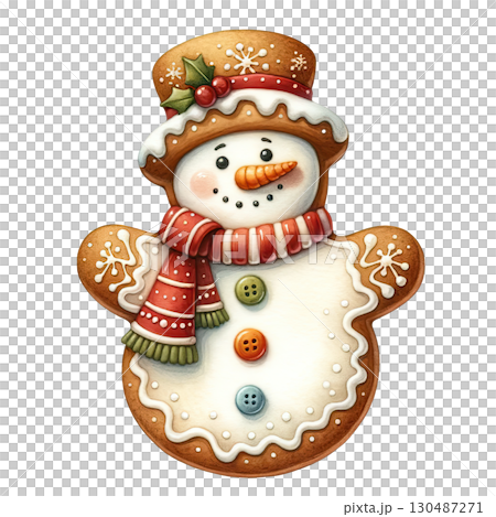Gingerbread snowman cookie with festive decorations, white isolated background. 130487271