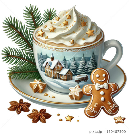 Festive cup of hot cocoa with whipped cream, gingerbread, and holiday decorations. 130487300