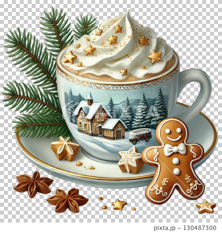 Festive cup of hot cocoa with whipped cream, gingerbread, and holiday decorations. 130487300