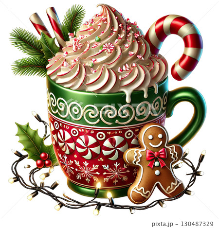 Festive mug filled with hot chocolate, topped with whipped cream, gingerbread, and candy cane. 130487329