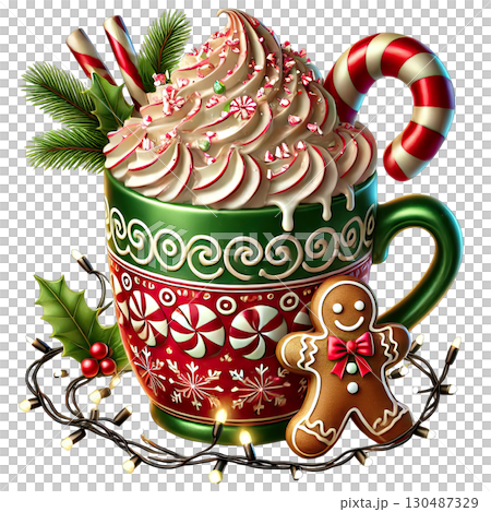 Festive mug filled with hot chocolate, topped with whipped cream, gingerbread, and candy cane. 130487329