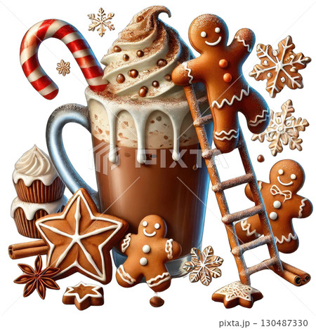 Gingerbread cookies, festive mug, candy cane, and sweet decor, white isolate background 130487330