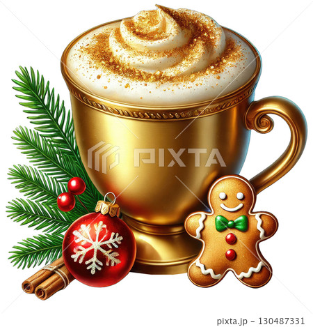 Golden cup filled with whipped cream, decorated with holiday elements, white isolate background. 130487331