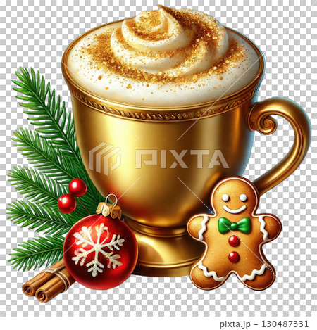 Golden cup filled with whipped cream, decorated with holiday elements, white isolate background. 130487331
