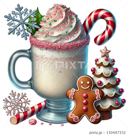Holiday beverage with whipped cream, candy canes, gingerbread, and festive decorations. 130487332