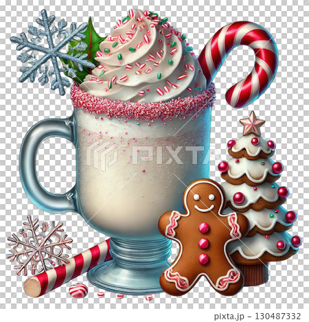 Holiday beverage with whipped cream, candy canes, gingerbread, and festive decorations. 130487332