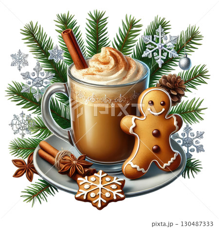 Warm beverage with cinnamon, cream, gingerbread cookie, and pine branches. 130487333