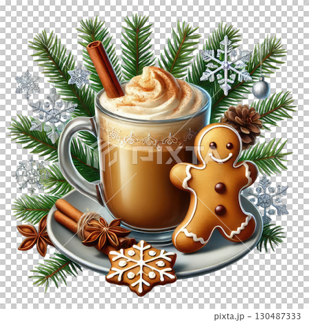 Warm beverage with cinnamon, cream, gingerbread cookie, and pine branches. 130487333