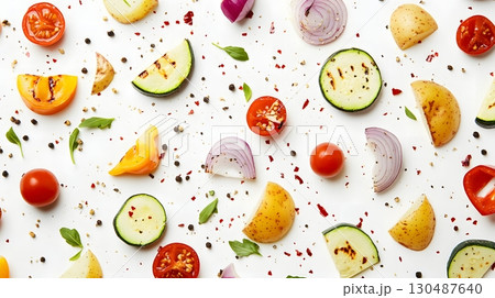 grilled vegetables and spices flat lay 130487640