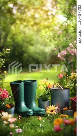 green rubber boots in a blooming garden 130487782