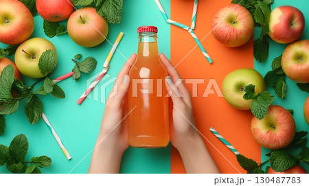 refreshing apple juice bottle with mint and apples 130487783
