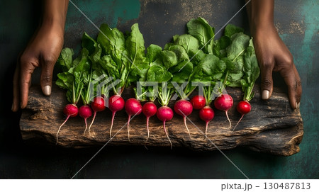 fresh radishes on rustic wood 130487813