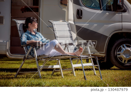 Family vacation travel RV, holiday trip in motorhome, Caravan car Vacation. Family vacation travel RV, holiday trip in motorhome, Caravan car Vacation. 130487979