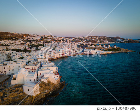 Aerial Sunset View of Mykonos Old Town and Port Aerial Sunset View of Mykonos Old Town and Port 130487996