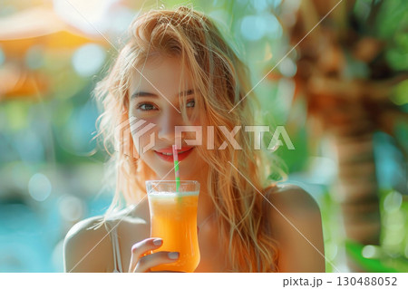 a beach with a blue sky, a stunning girl is shown holding an orange juice glass and staring at the camera, Generative AI. 130488052