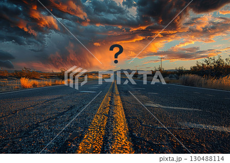 large question mark looming on winding road concept of Indecision and Uncertainty, 130488114