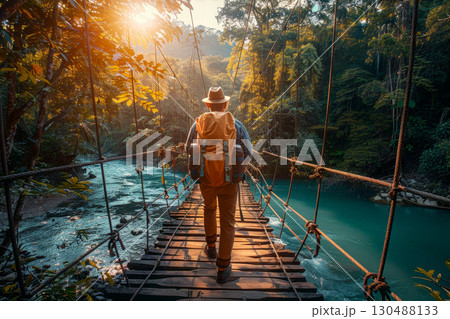 a man with a backpack is walking on a path near a lake with mountains in the background 130488133