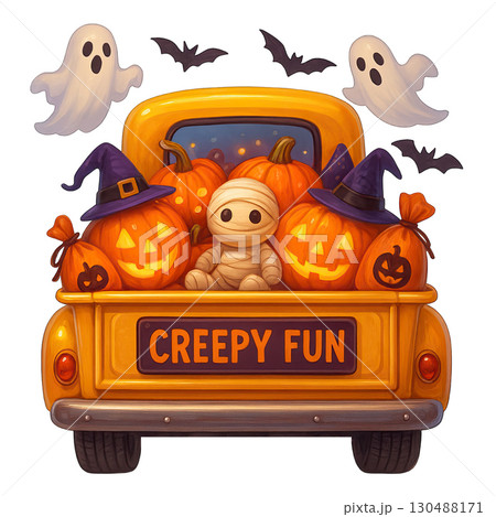 Halloween truck with pumpkins, mummy, ghosts, and bats for fun 130488171