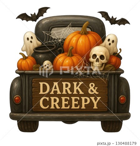 Dark and creepy Halloween truck with pumpkins and skull 130488179