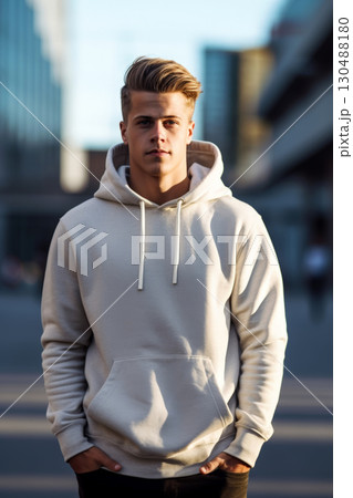 a person wearing canvas white sweater for mockup, .AI generative 130488180