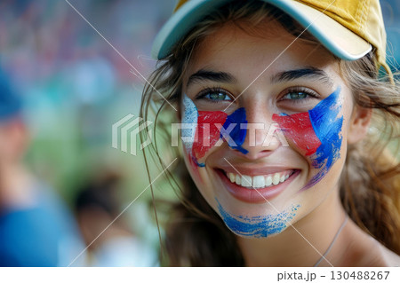 A joyful French woman with his face painted in the blue white and red colors of the France flag, cheering at a football match, with a blurred stadium background. AI Generative 130488267
