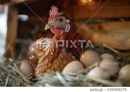 A hen lays eggs in a chicken coop with a blurry backdrop and big space for text or product advertisement background, Generative AI. 130488270